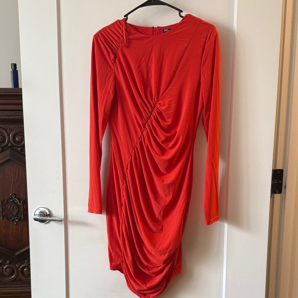 Zara Vibrant orange Long-Sleeve Draped Ruched Dress